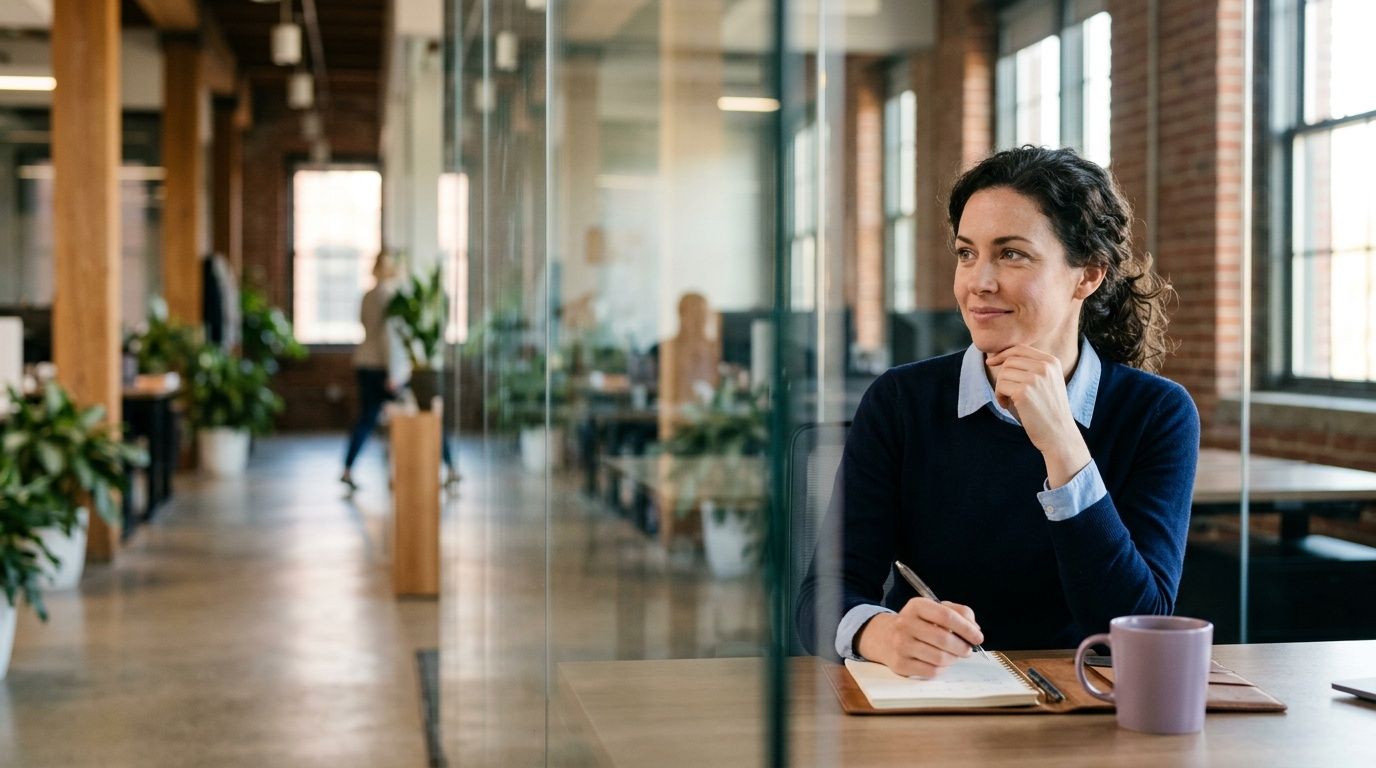 A professional woman writing in a notebook while looking thoughtful in a modern glass-walled office environment.