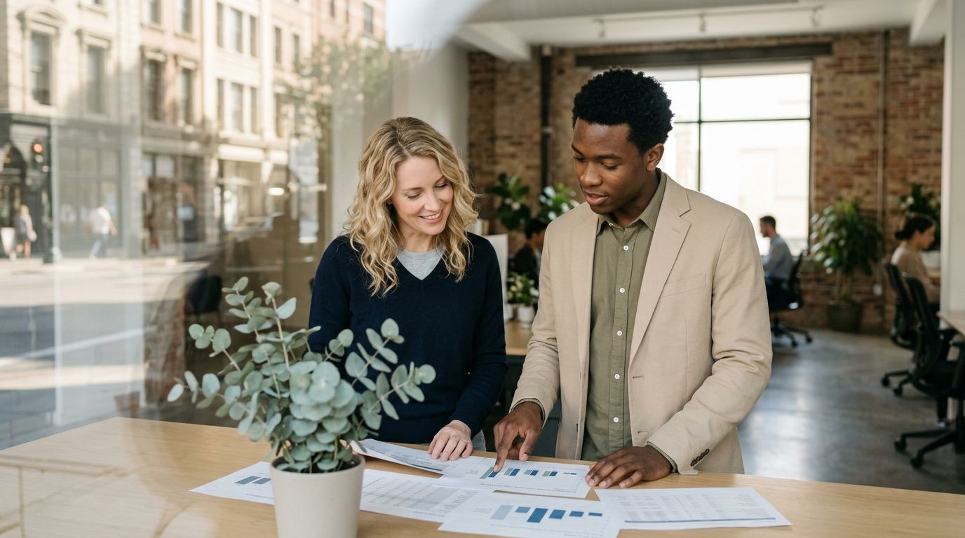 A professional man and woman collaborating on data analysis while reviewing business intelligence reports at a desk.