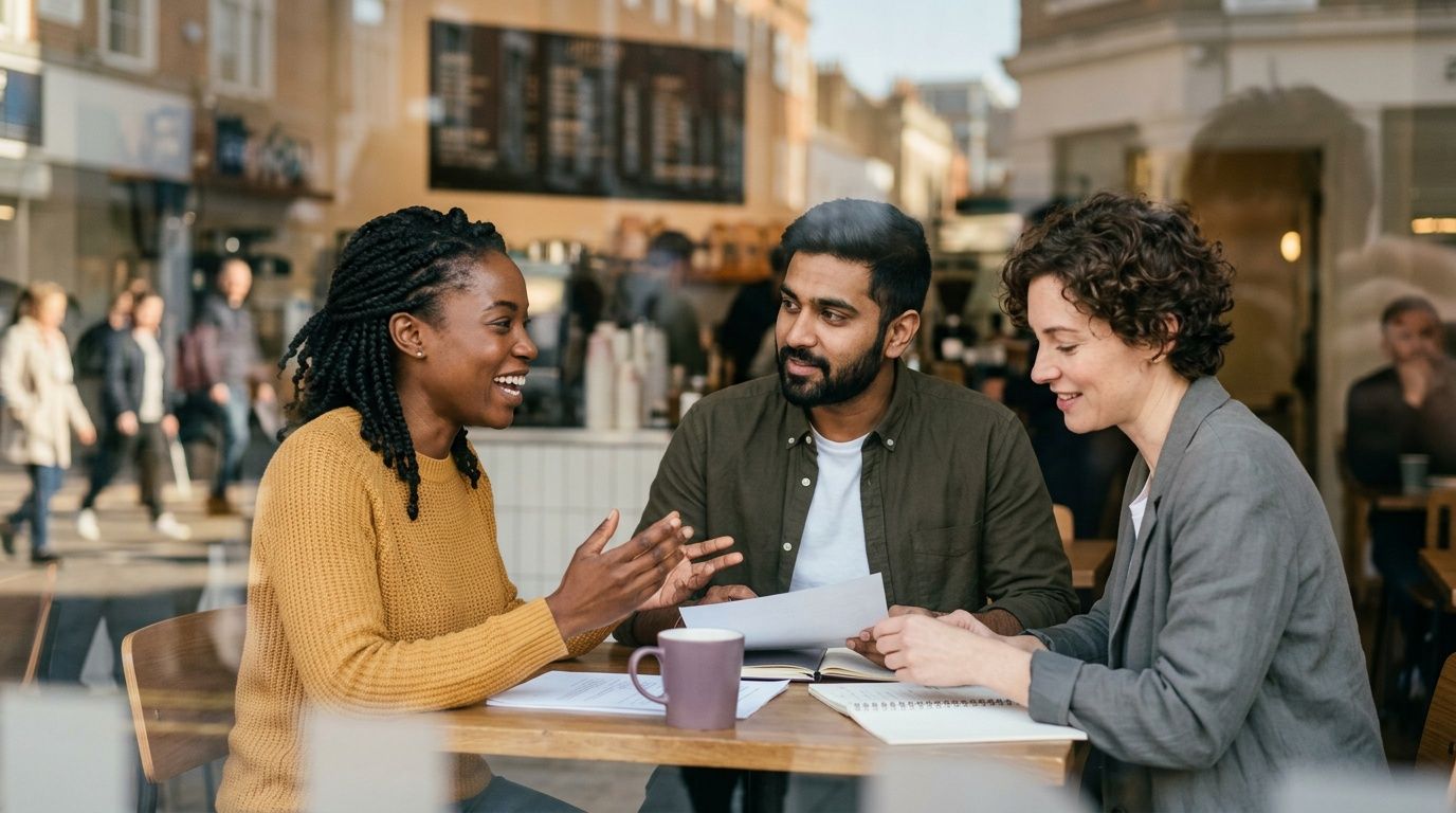 A diverse group of three professional colleagues collaborating on a business project in a cafe.