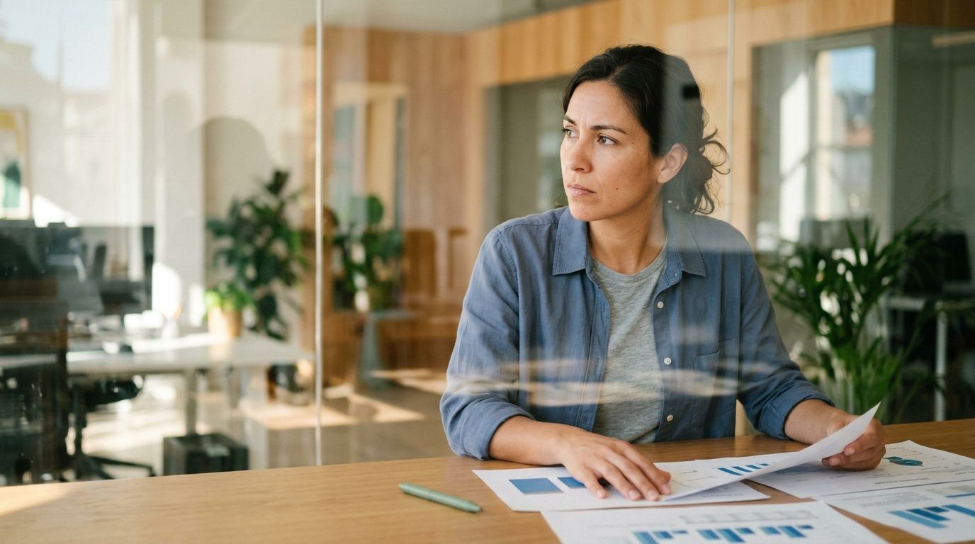 A professional woman looking thoughtful while reviewing financial charts and documents at a modern office desk.