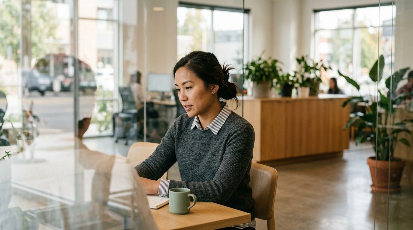 A professional woman working at her desk in a modern office, focused on a notebook and coffee.