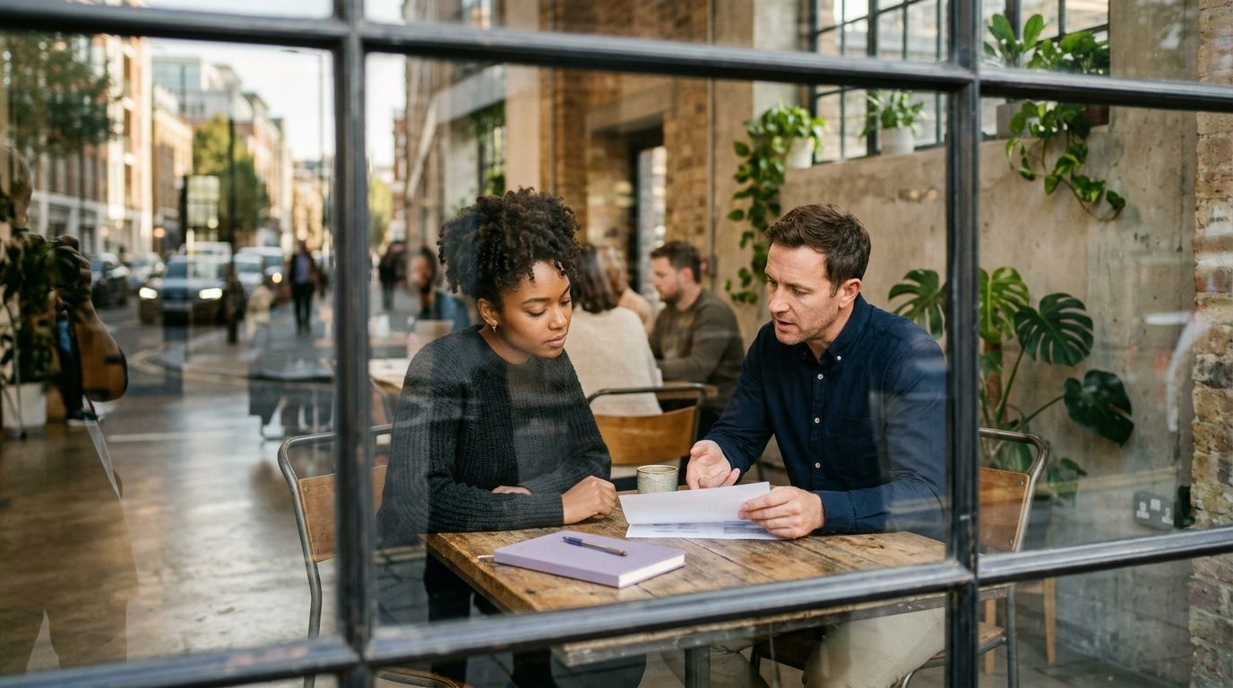 A professional man and woman discussing documents at a table in a cafe, seen through a window.