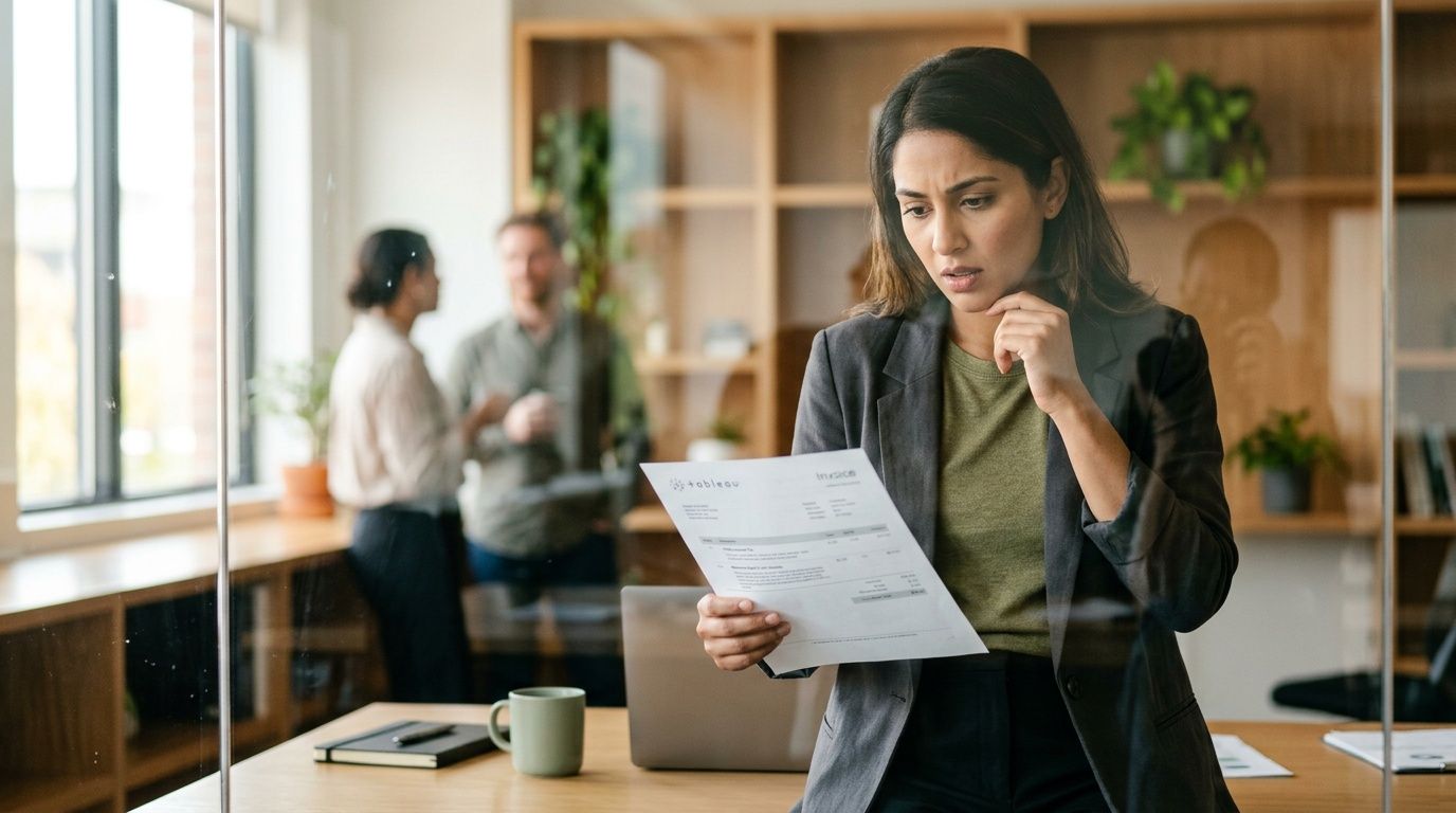 A focused woman looking concerned while reviewing a Tableau invoice document in a professional office setting.
