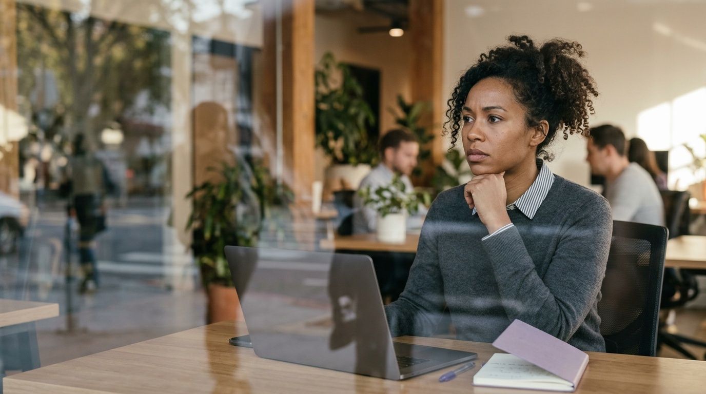 A professional woman sitting in a modern office space, thoughtfully looking at her laptop screen.