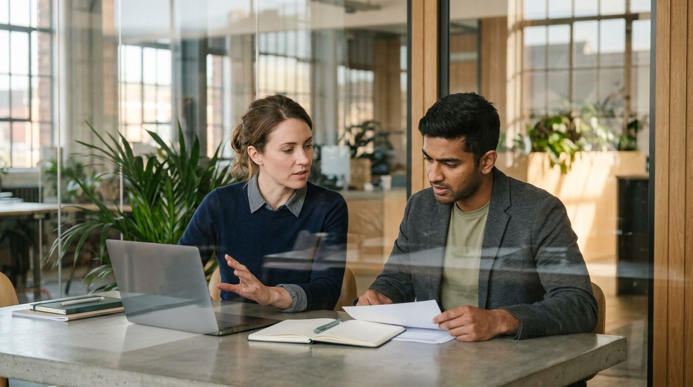 A professional woman and man collaborate while reviewing business documents and a laptop in an office.