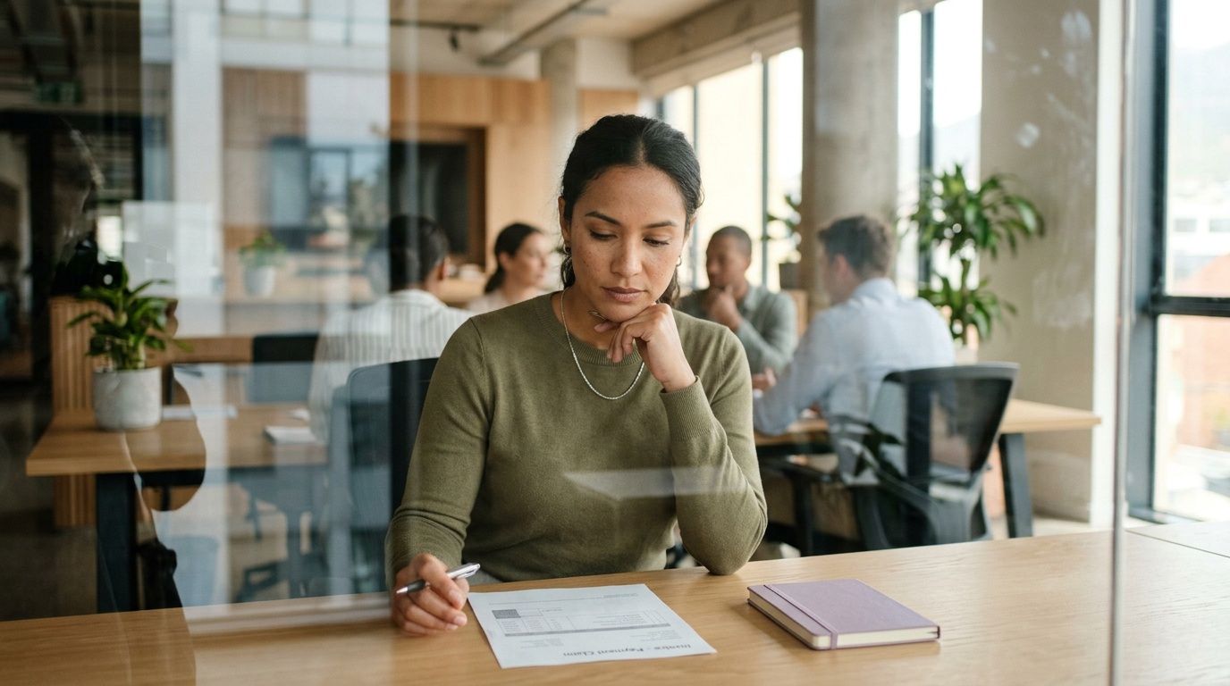 A professional woman in an office reviews an invoice while sitting at a desk with colleagues
