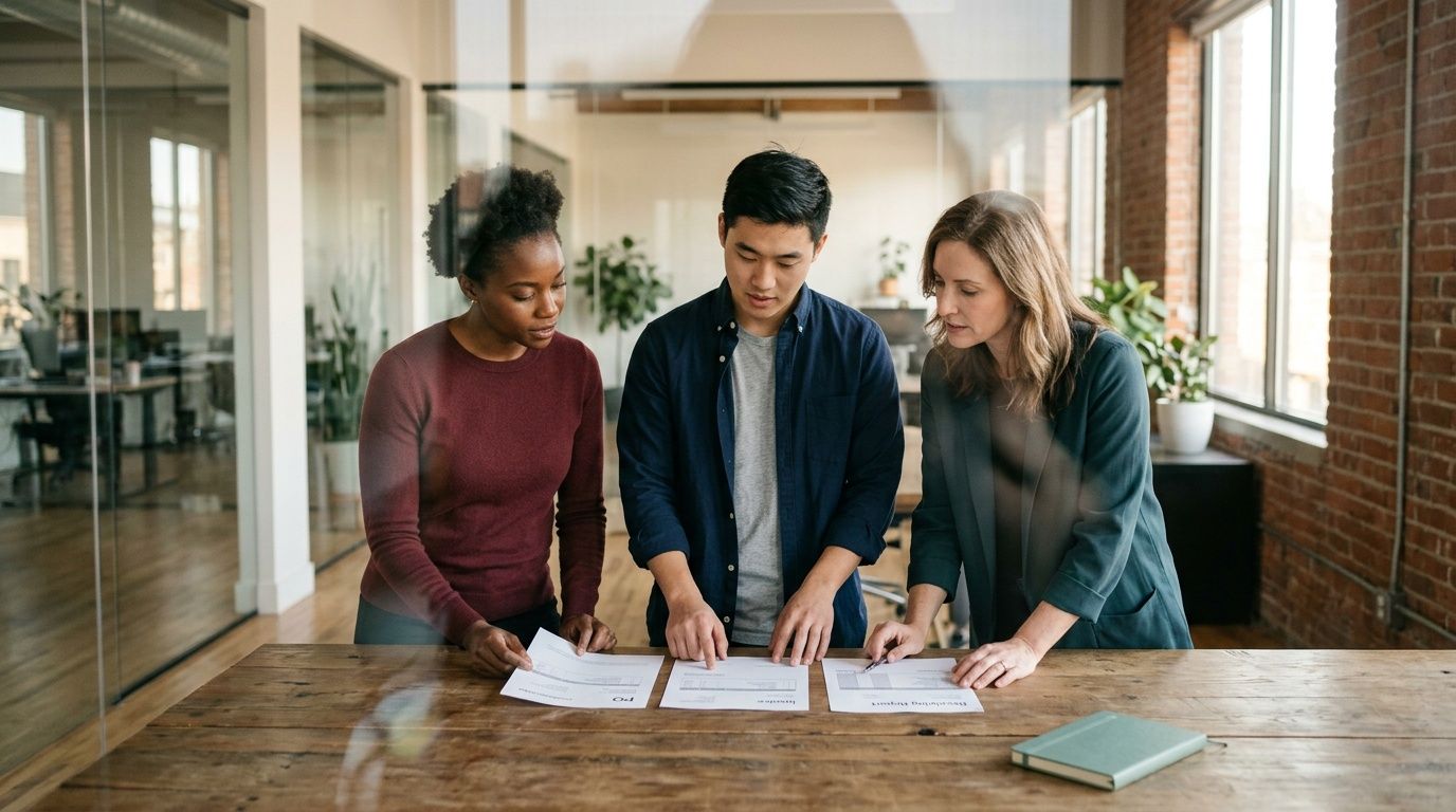 Three diverse colleagues reviewing financial documents together on a wooden table in a bright modern office space.