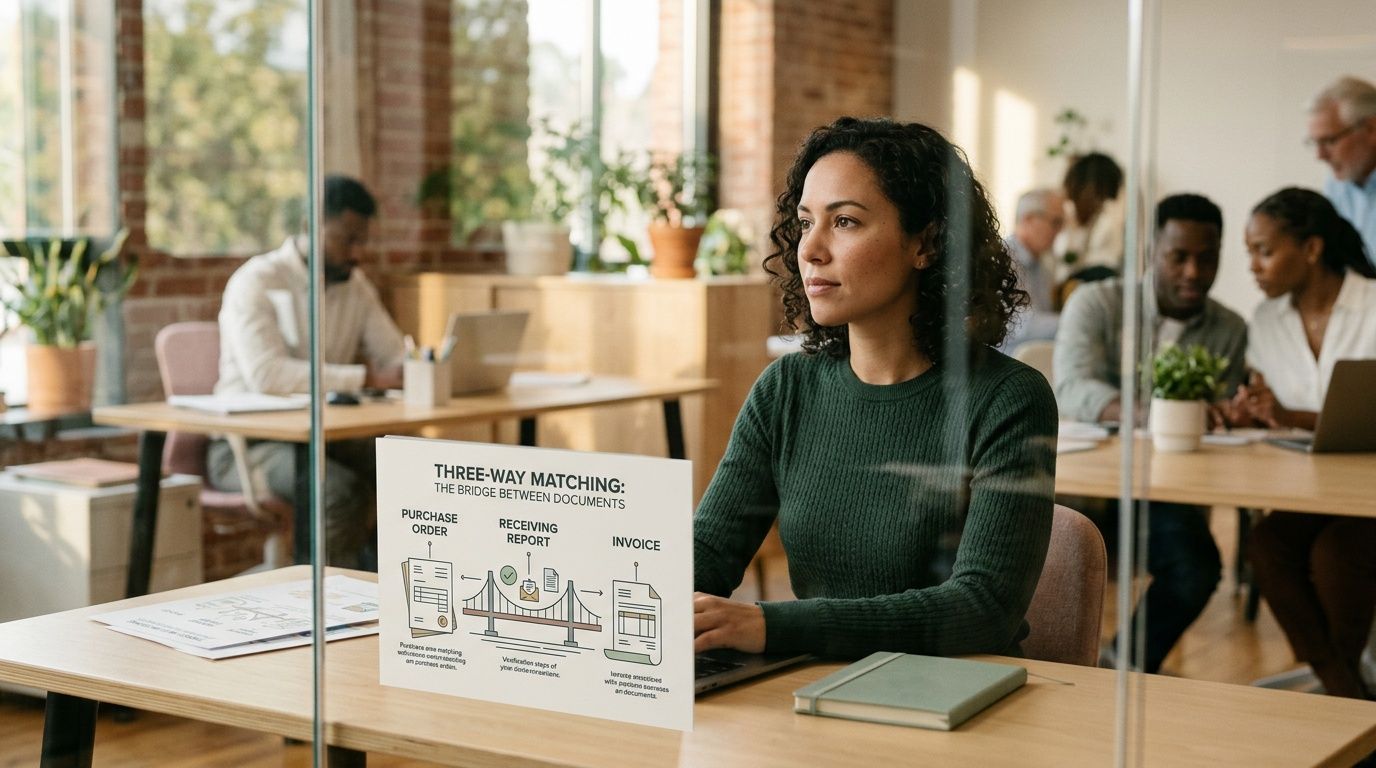 A professional woman working at her desk with a sign about three-way matching in a modern office.
