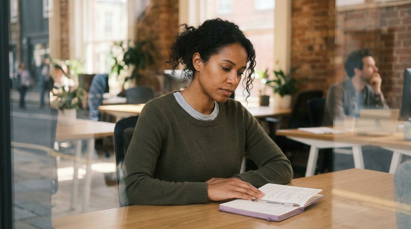 A professional woman writing in a journal while sitting at a desk in a modern office workspace.
