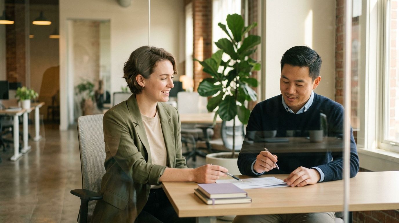 A professional woman and man collaborating on paperwork at a desk in a bright office environment.