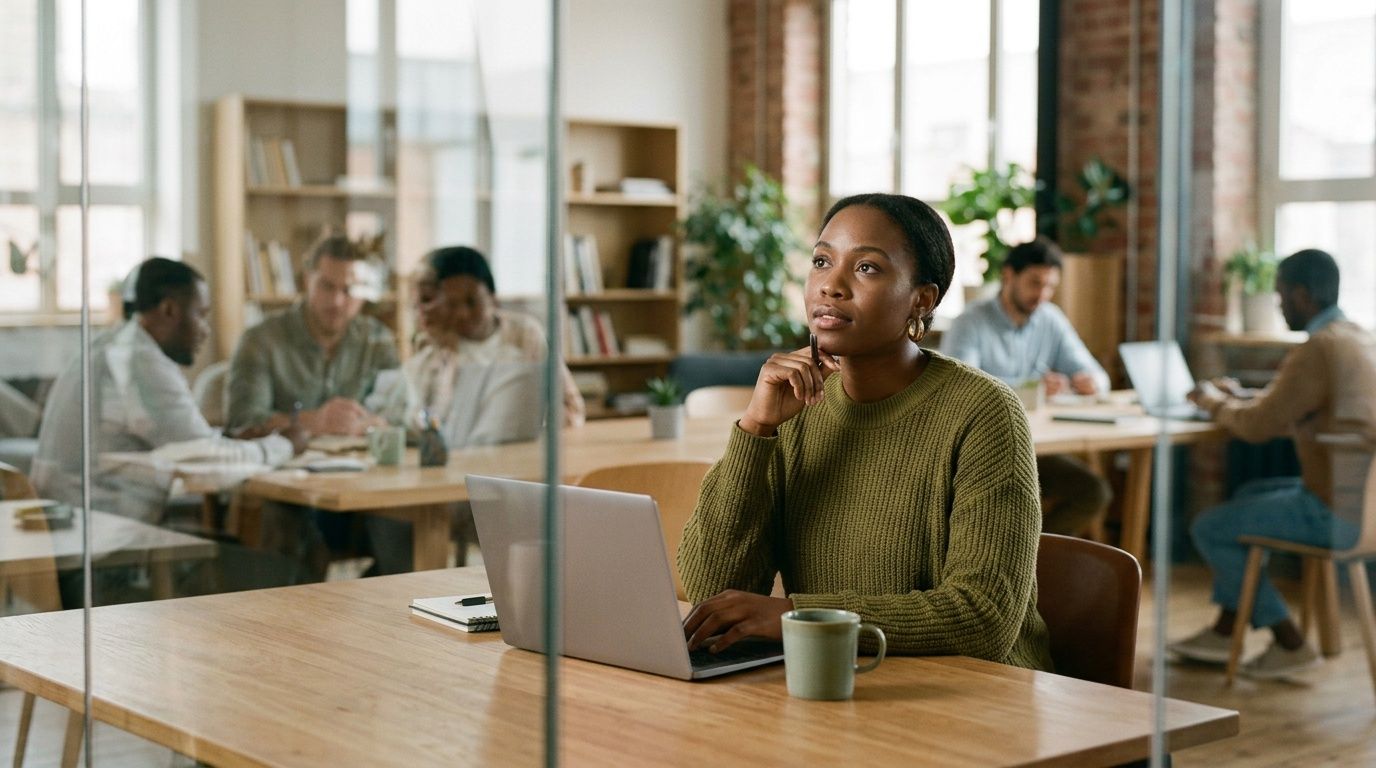 A professional Black woman sitting at a desk in an office workspace, thoughtful while using a laptop.