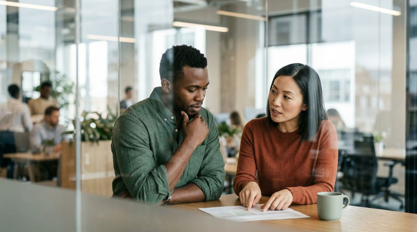Two colleagues, a man and a woman, discuss business documents while working together in a modern office.