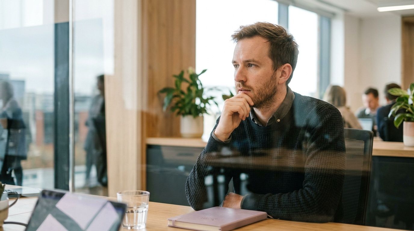 A professional man with a beard sitting in a bright modern office thinking while looking away.