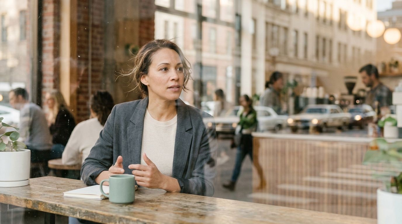 A thoughtful woman in a grey blazer sits at a wooden table in a cafe, looking outside.