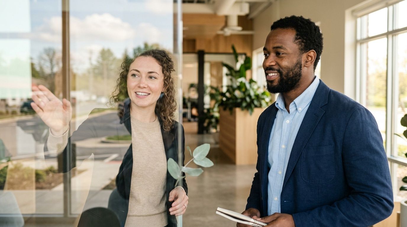 A businesswoman points at a glass wall while discussing projects with a professional male colleague.
