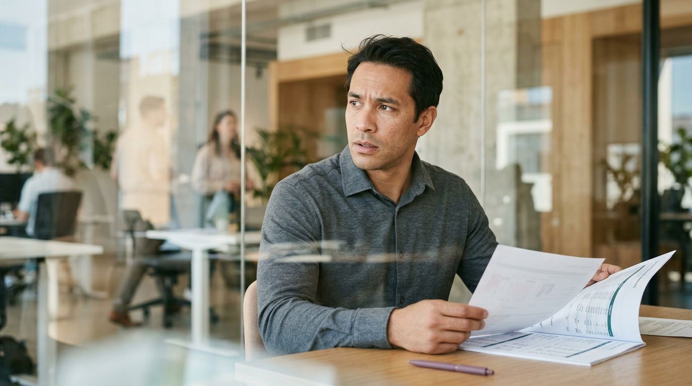 A professional man in a grey shirt reviews business documents in a modern glass-walled office space.