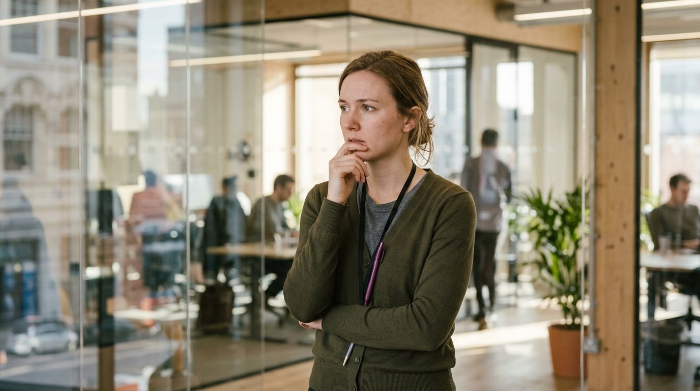 A professional woman in an office environment looking thoughtful while considering vendor risk management software options.