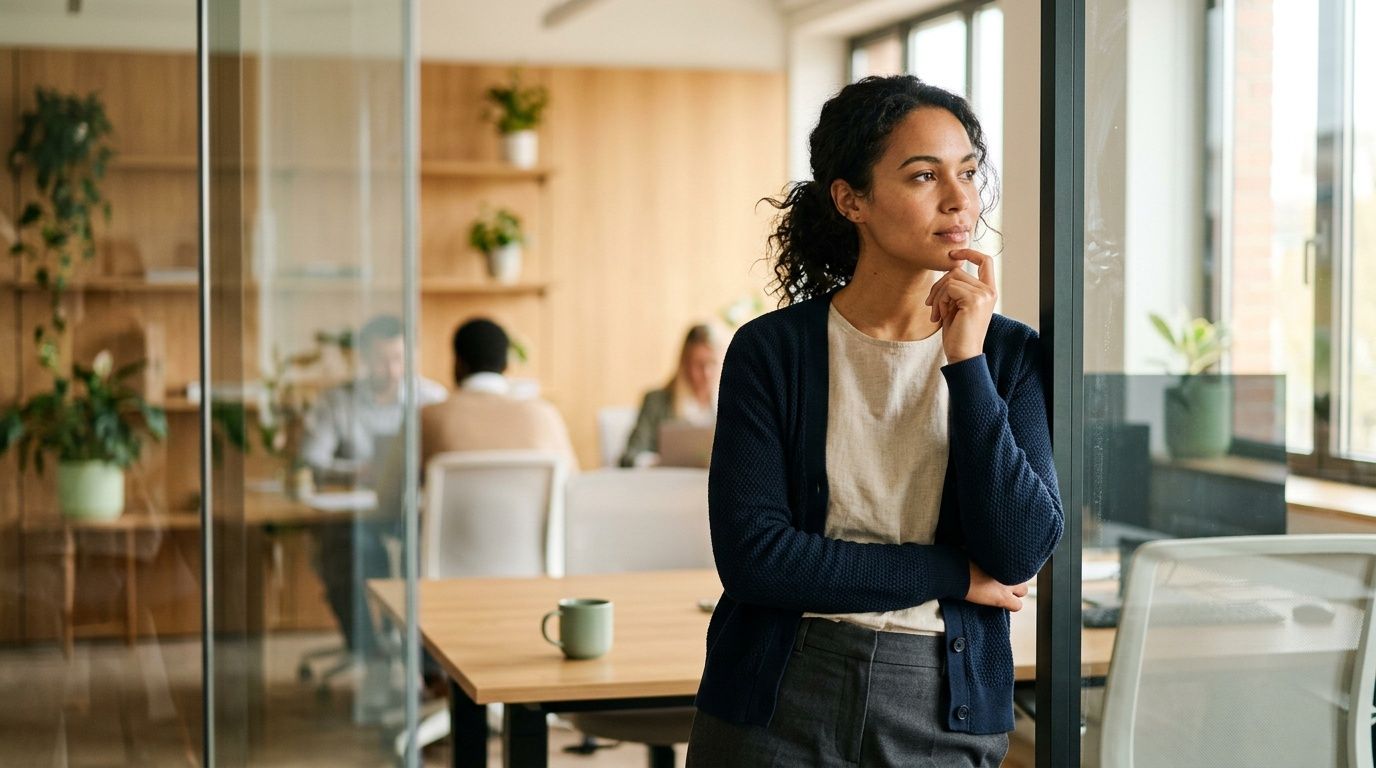 A professional woman thinking in a modern office space with colleagues working in the background.