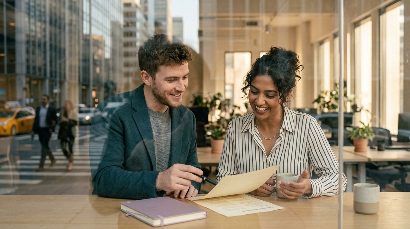 A professional man and woman review business documents together while sitting at a table in an office.