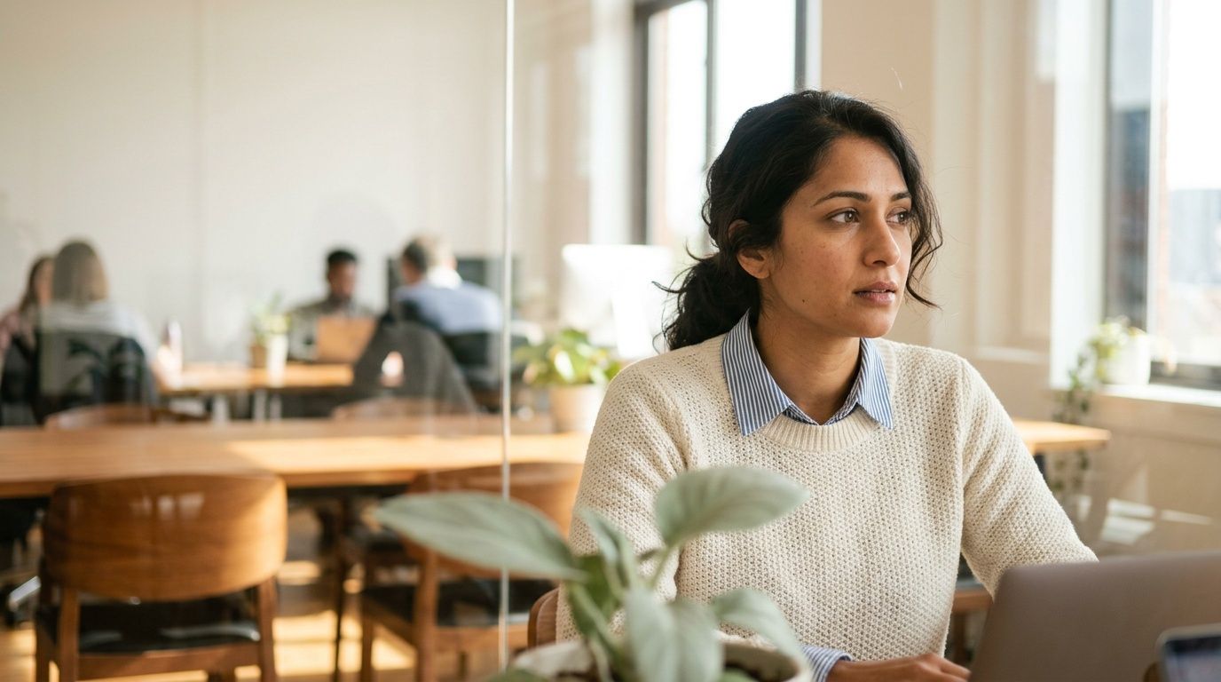 A professional woman working on her laptop in a bright and modern open-plan office setting.