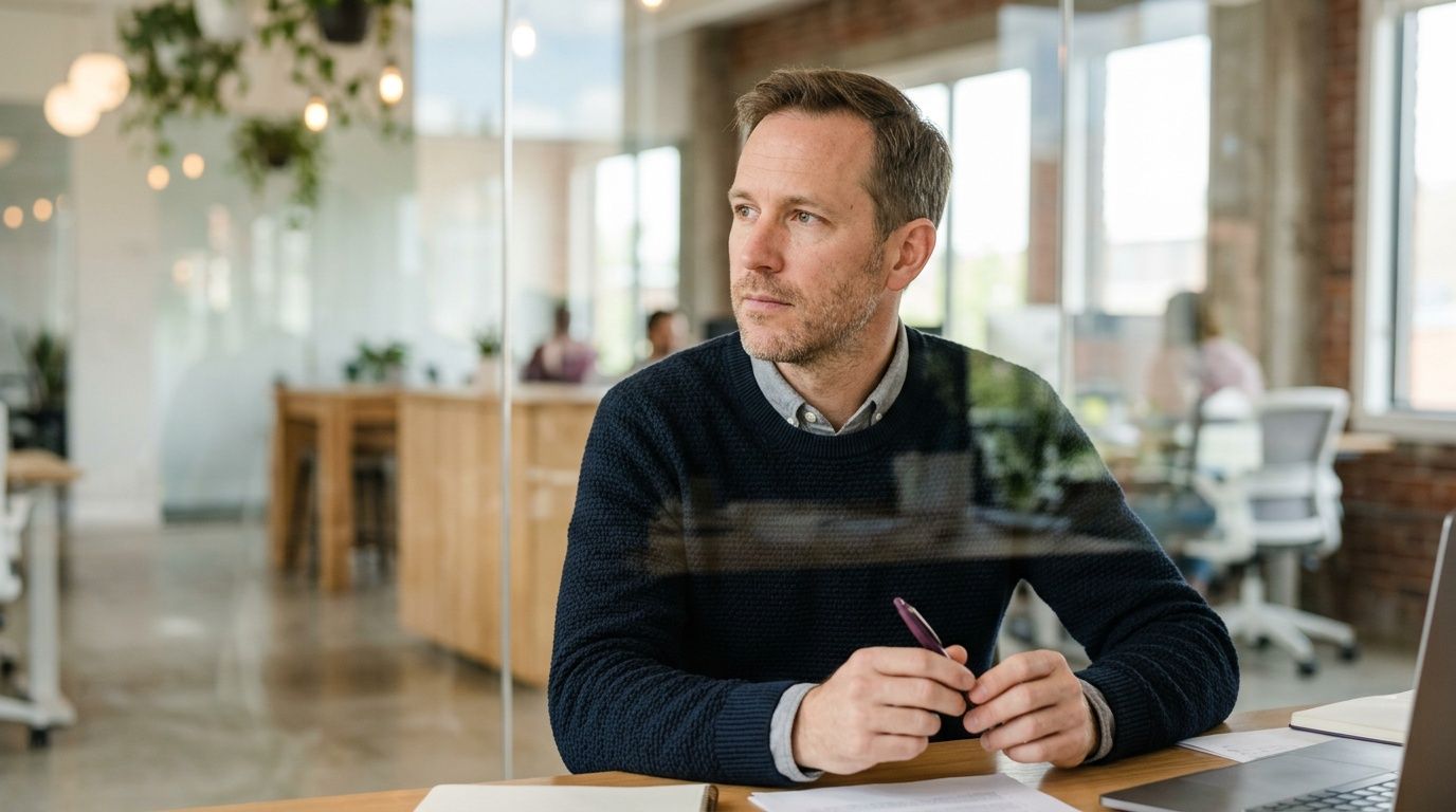 A professional man sitting at a desk in an office environment, thoughtfully looking away while holding a pen.