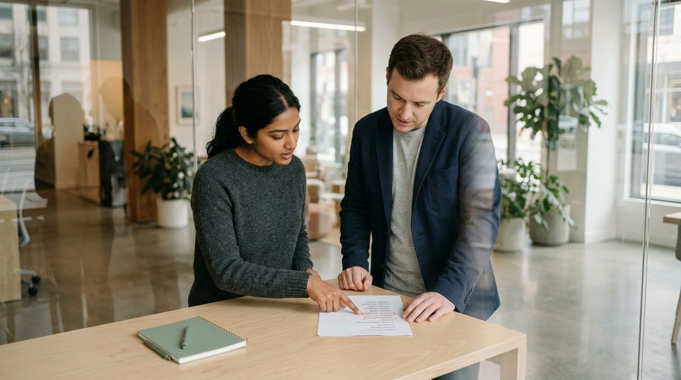 A professional man and woman review business documents together on a table in a bright modern office.