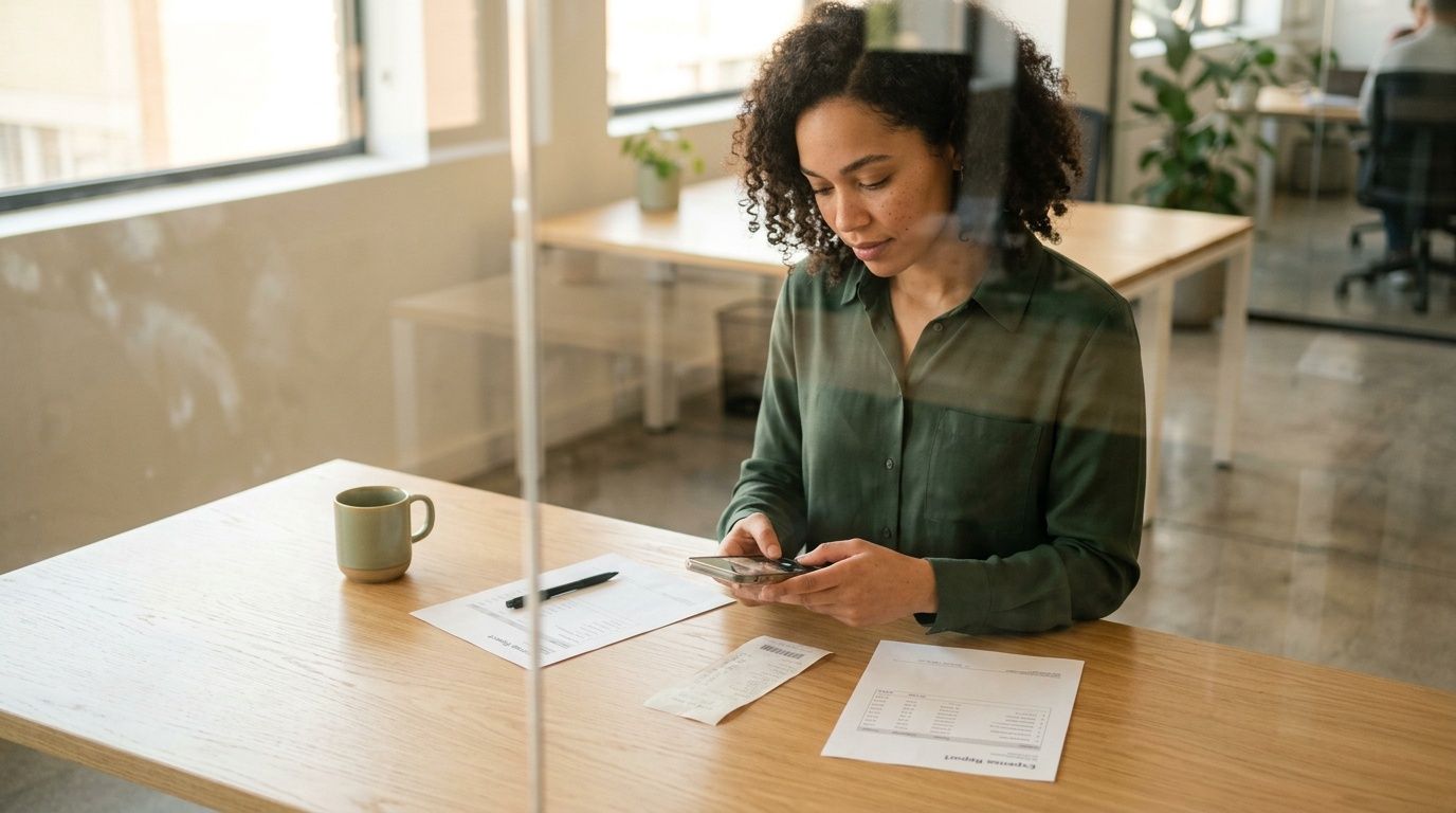 A woman working at a desk reviewing an expense report on her smartphone in an office.