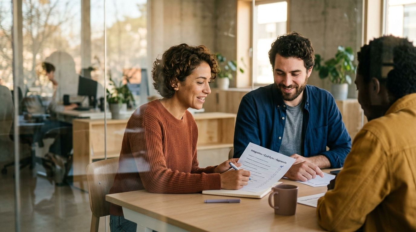 A professional team collaborating on a project by reviewing documents at a modern wooden office table.