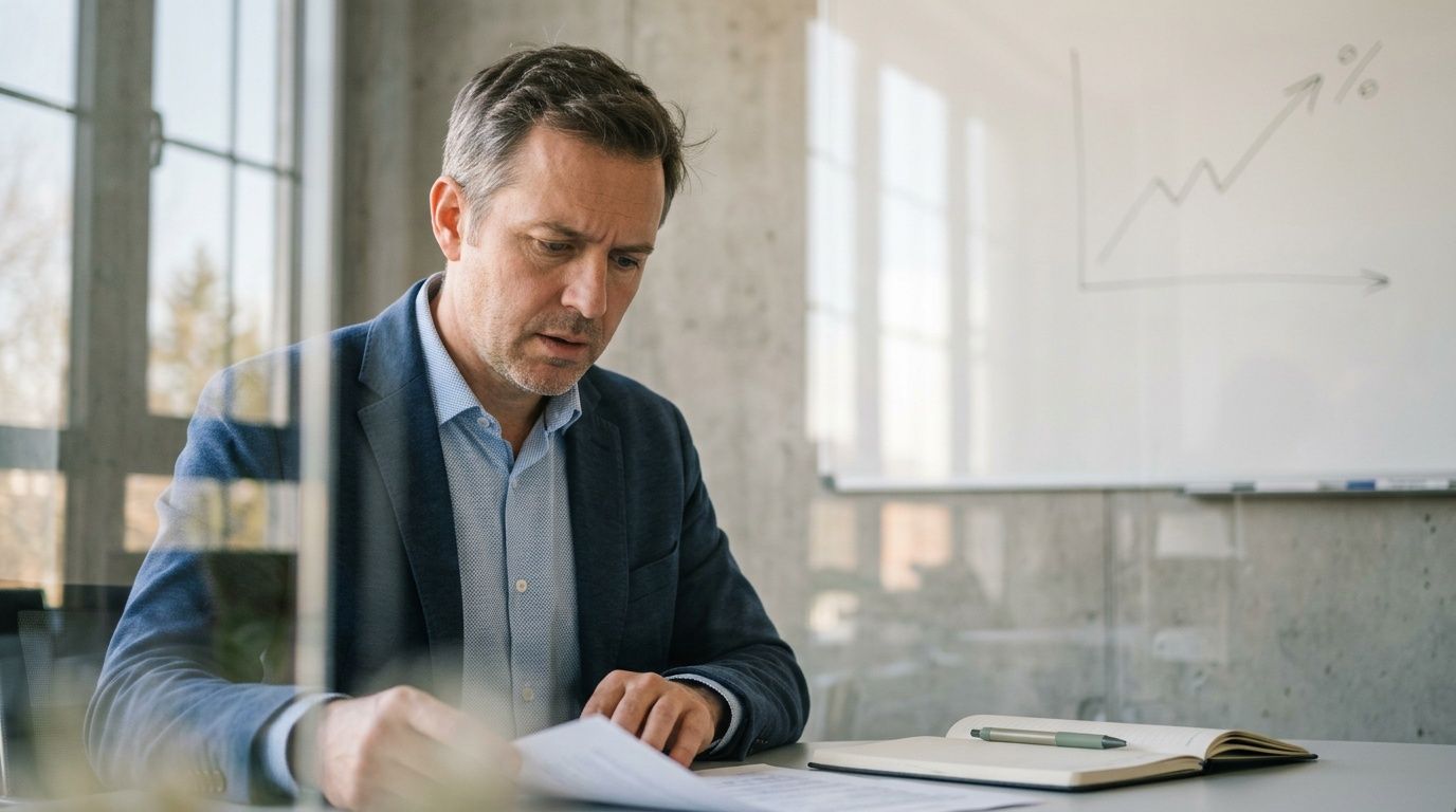 A professional man in a business suit reviewing documents in a modern office with a growth chart.