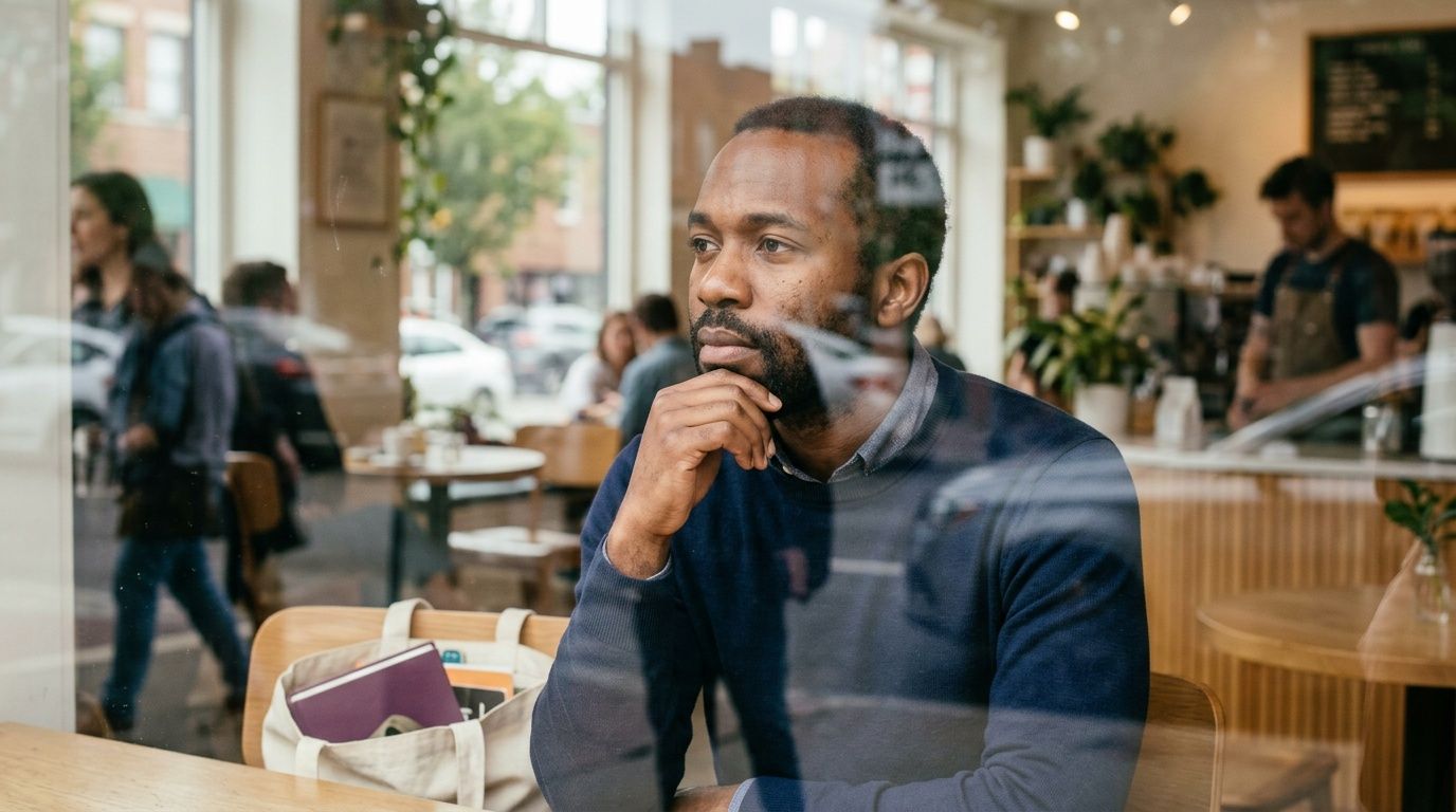 A contemplative man sits in a coffee shop looking out the window, reflecting on his business expenses.