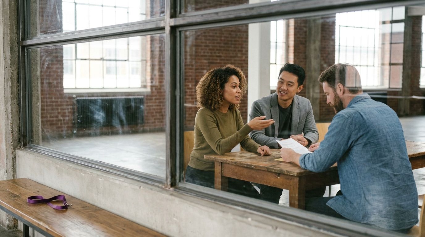 A professional team discussing a document during a collaborative meeting in a bright modern office setting.