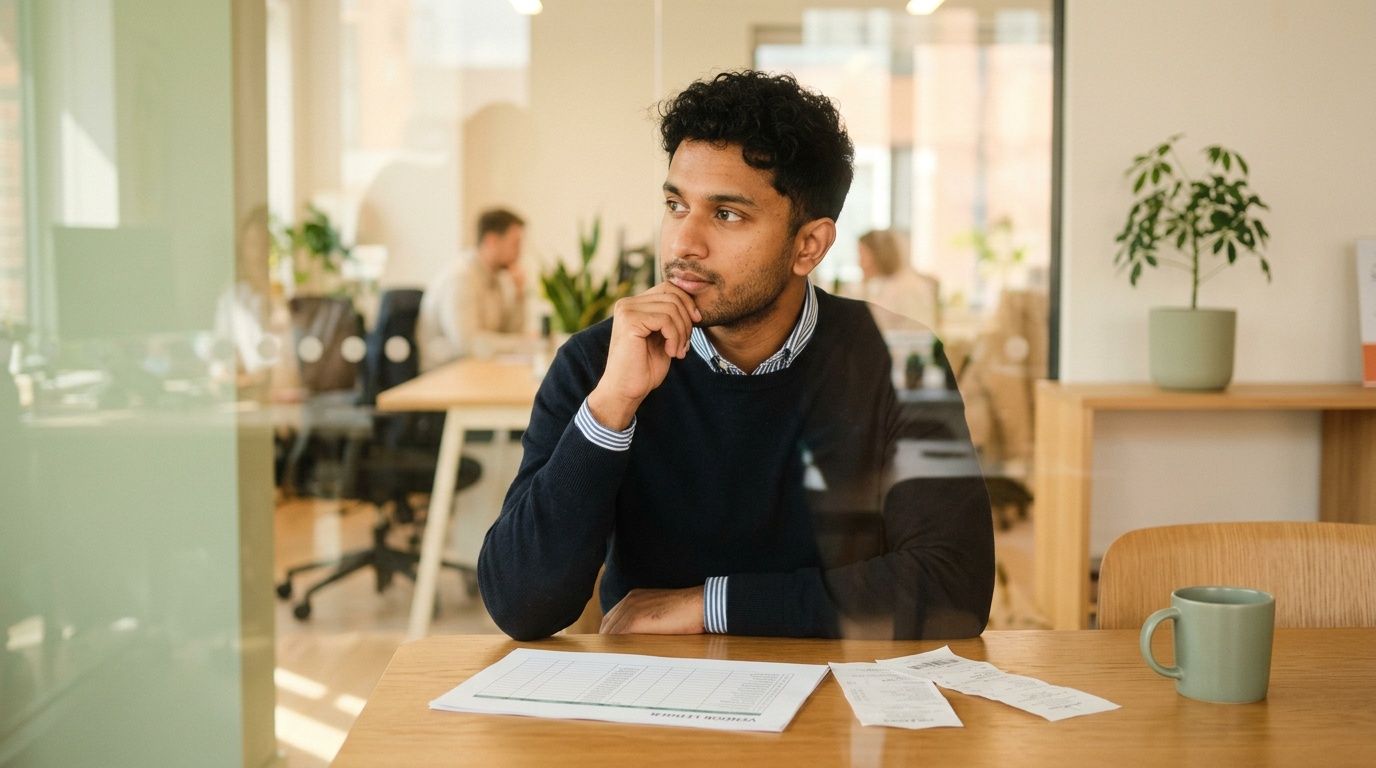 A thoughtful young businessman sitting at a wooden desk while reviewing financial documents in an office.