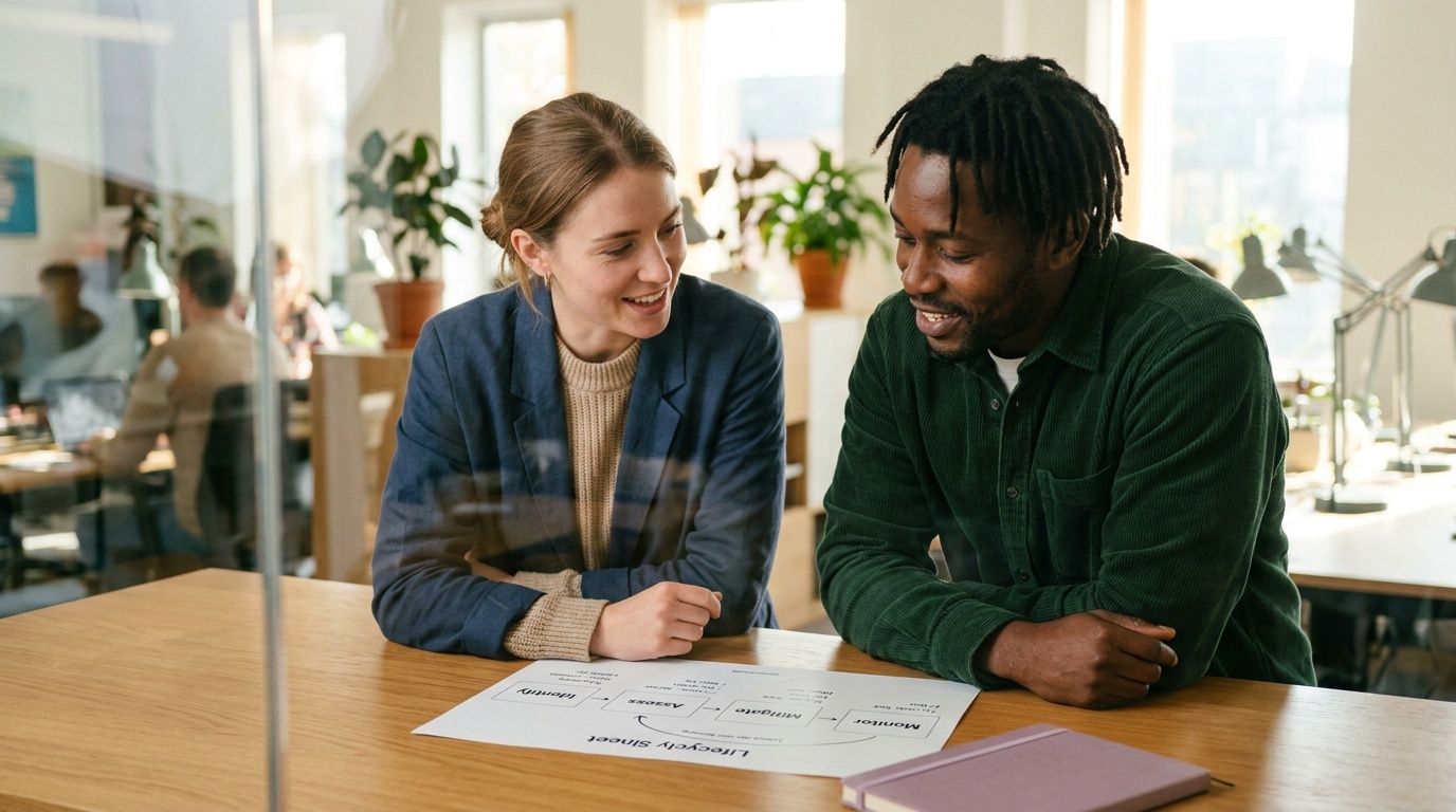 A professional man and woman collaborating on a security risks management strategy document at an office desk.