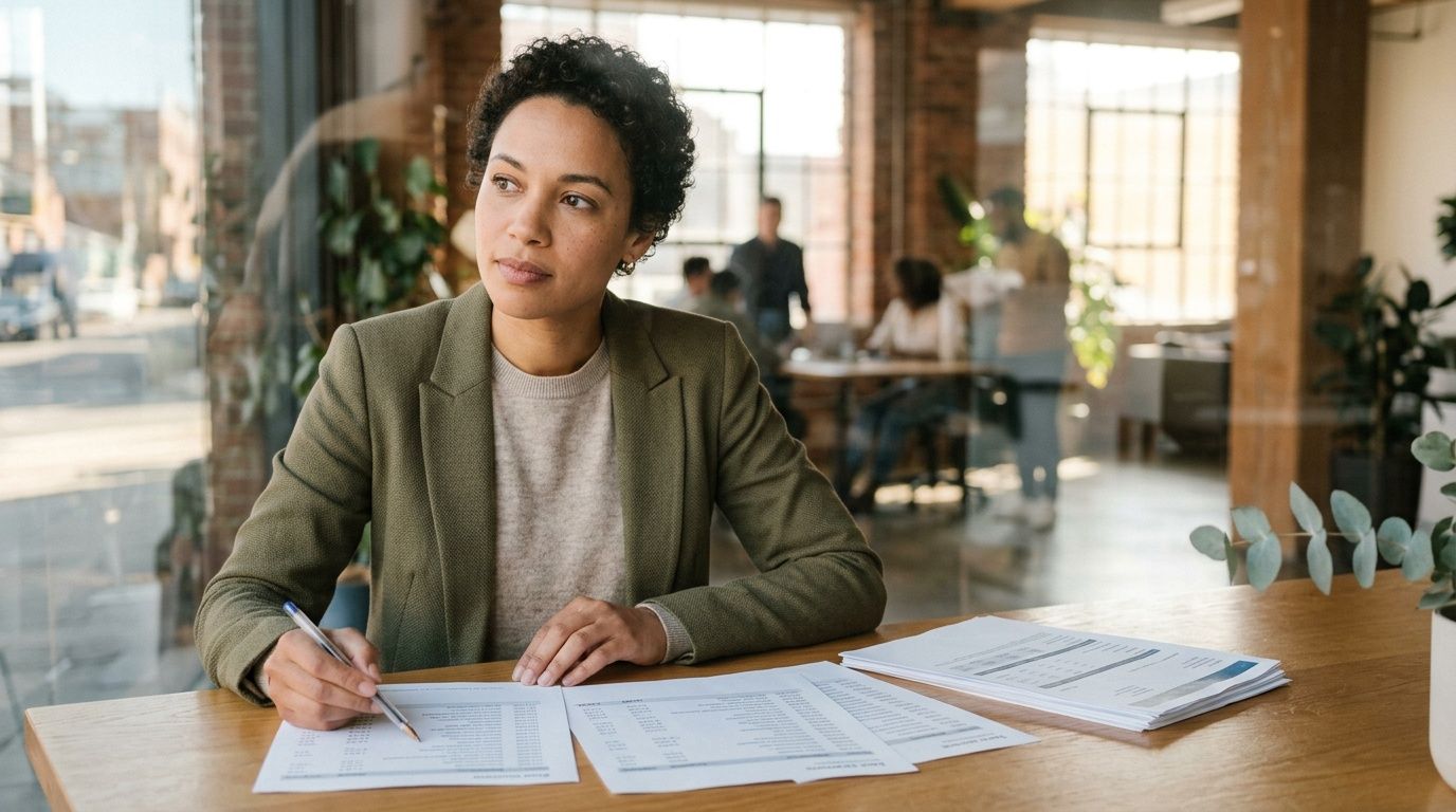 A professional woman in an office setting reviewing business documents while looking thoughtfully out the window.