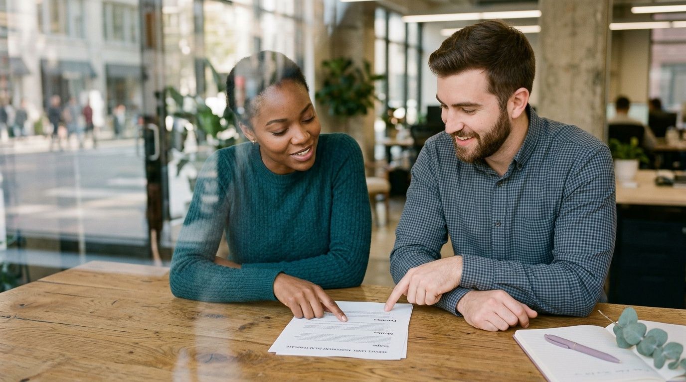 A professional man and woman collaborating while reviewing a printed service level agreement document at a table.