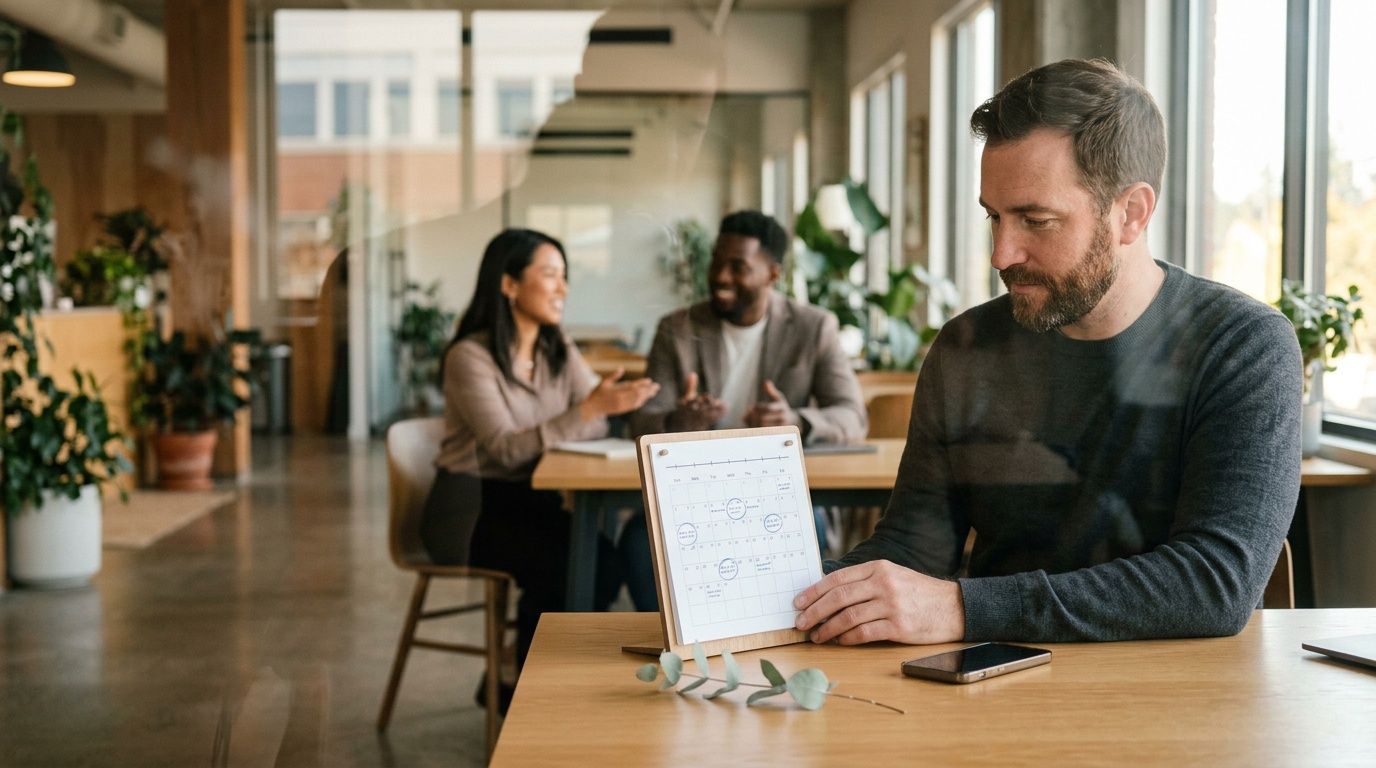 A professional man sits at a desk examining a monthly calendar while colleagues converse in the background.