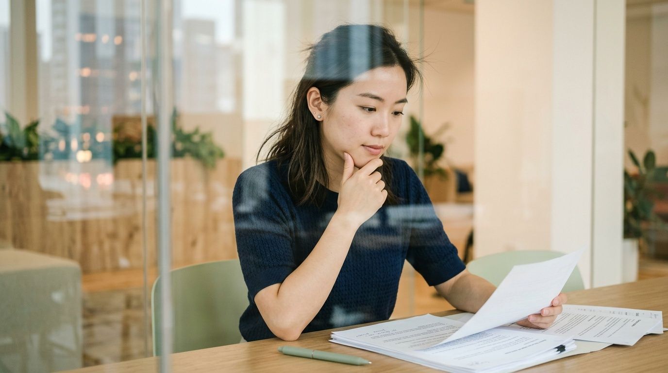A focused woman reviewing legal documents while sitting at a wooden desk in an office setting.