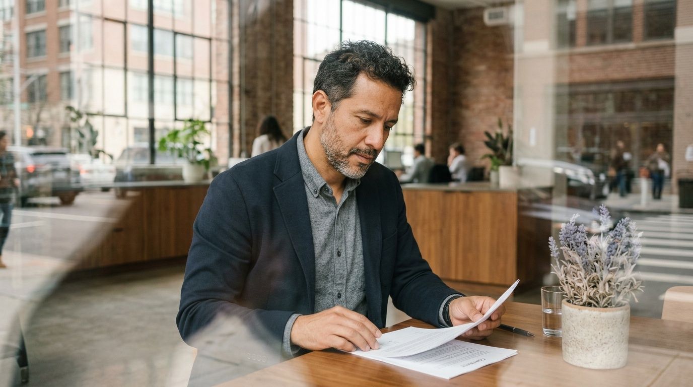 A professional man with a graying beard reads through important business documents at a wooden table.