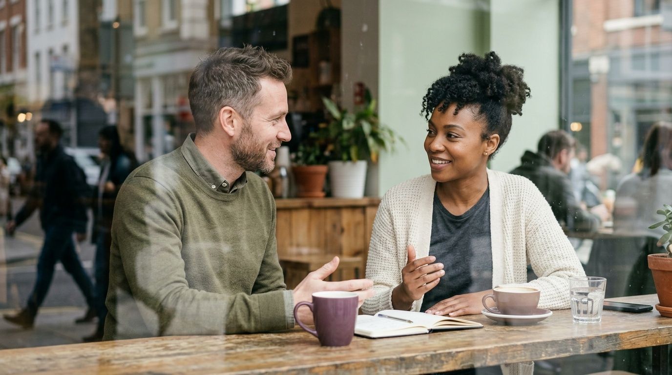A professional man and woman having a friendly business meeting or conversation at a coffee shop table.