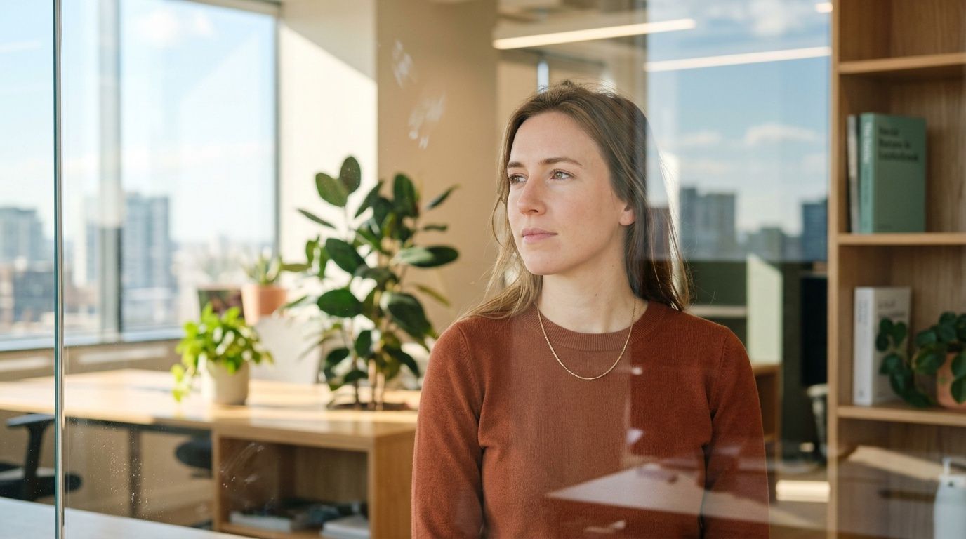 A professional woman in a rust-colored sweater looking thoughtfully through a glass wall in an office setting.