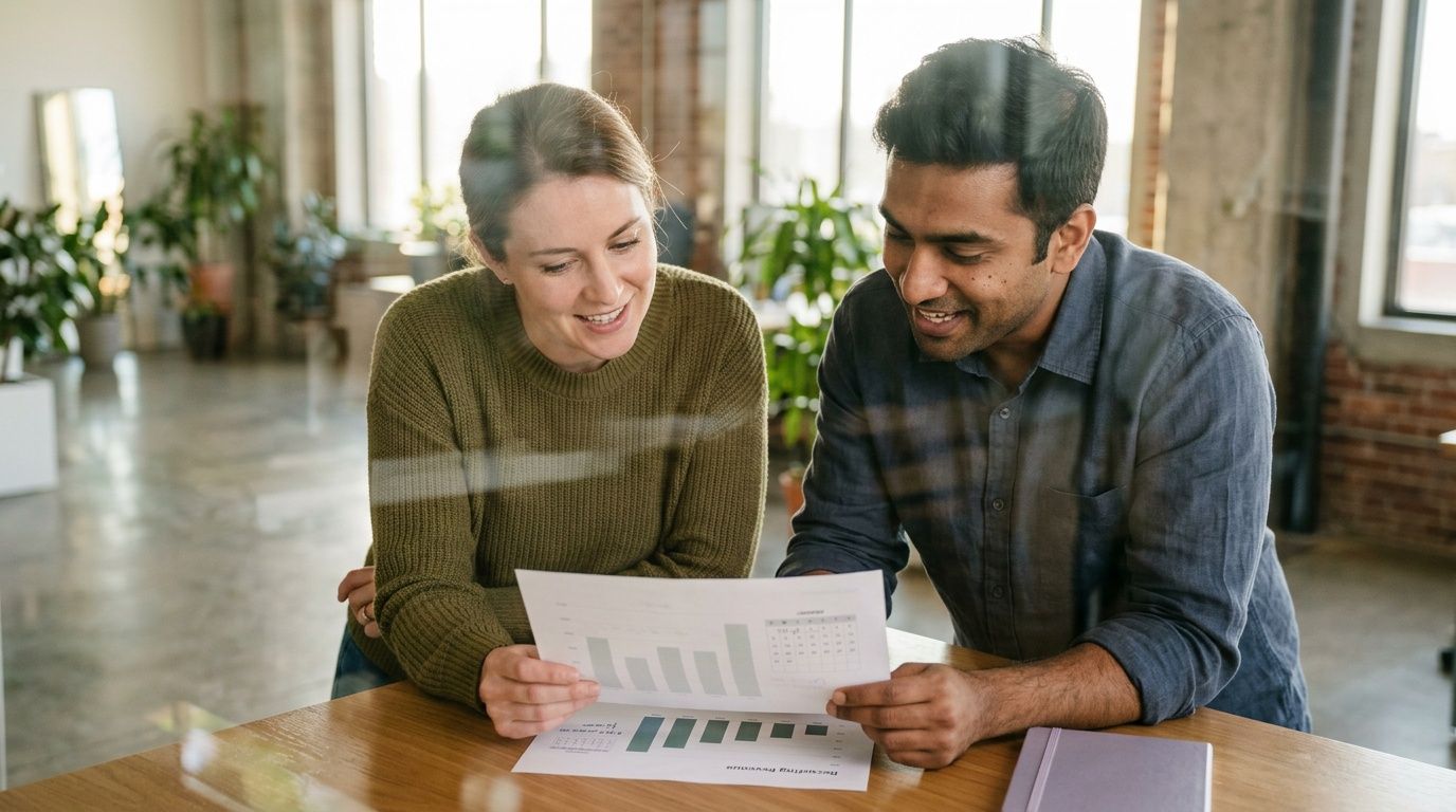 A professional woman and man collaborating while reviewing data charts together in a modern office space.