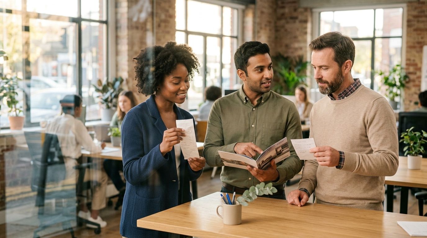 A professional team collaborating on business documents in a bright and modern open office environment.
