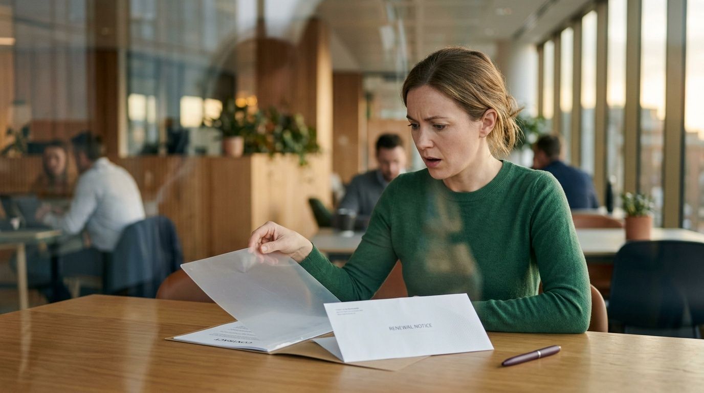 A concerned woman sits at an office desk looking at a renewal notice and a contract document.