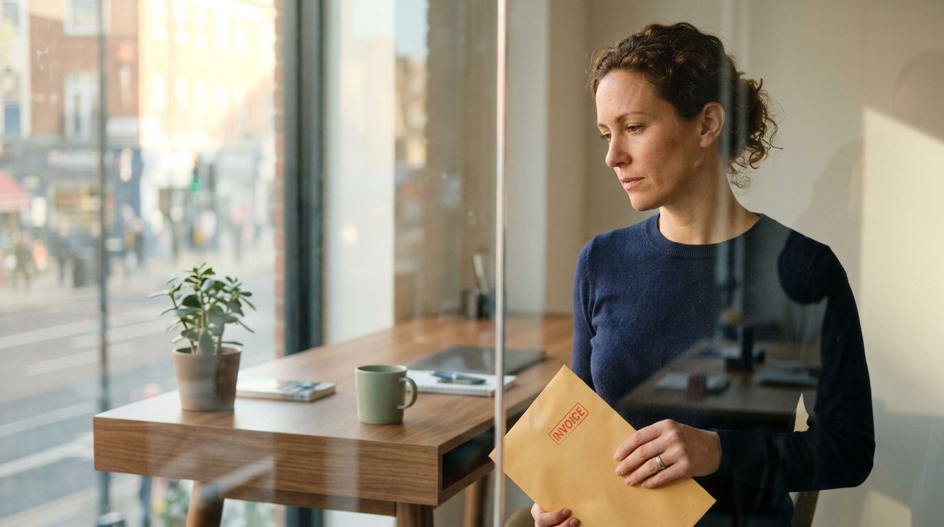 A pensive woman in a blue sweater holds an envelope labeled invoice near an office window