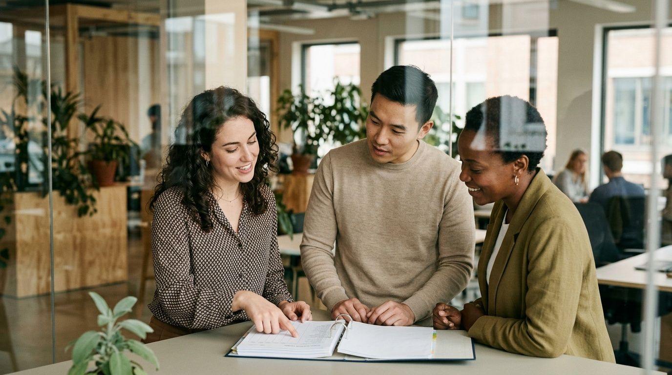 A diverse team of three business professionals collaborate and discuss documents in a modern office space.