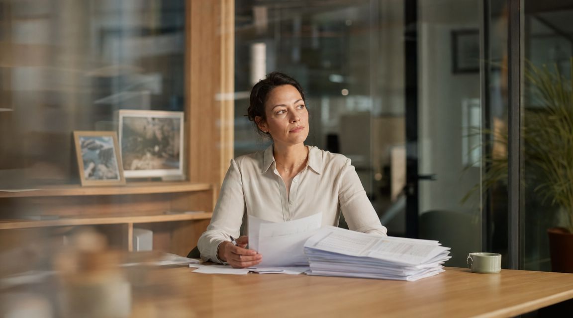 A professional woman in a light-colored blouse reviewing financial documents while sitting at an office desk.