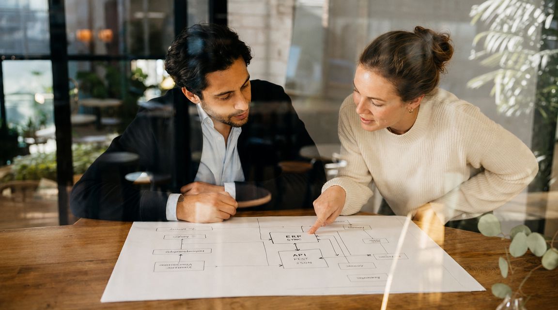 A professional man and woman collaborating on an AP process automation flowchart in a modern office workspace.