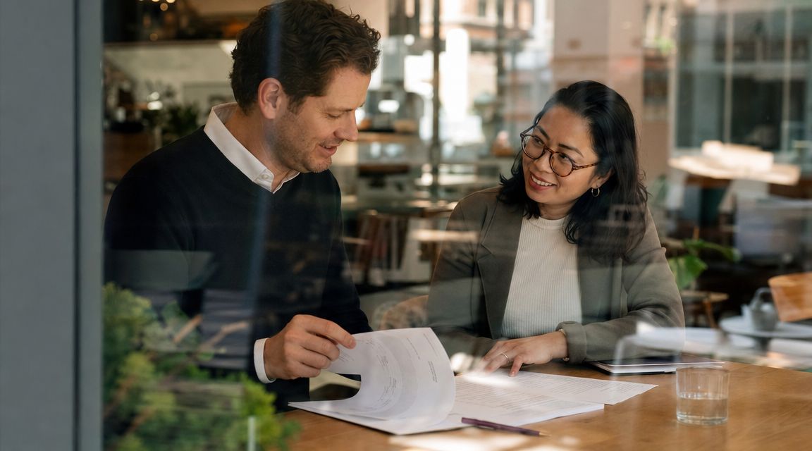 A professional man and woman discussing business documents together at a table in a bright office.