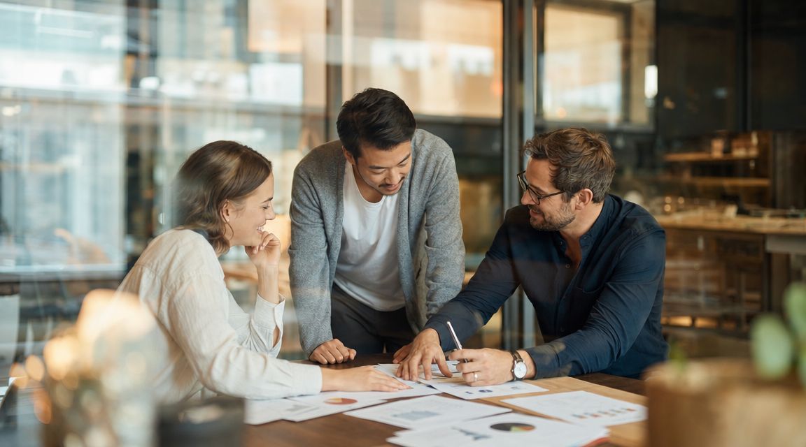 A professional team of three colleagues collaborating on project documentation in a modern office meeting space.