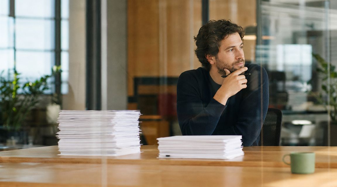 A contemplative man sitting at an office desk with stacks of documents and a green mug.